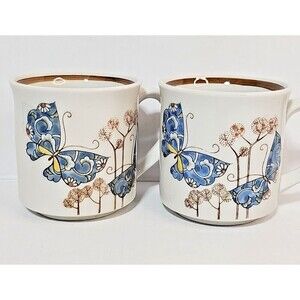 Vintage Otagiri Butterfly Coffee Mugs Blue Beige Speckled Pottery Boho Tea Japan